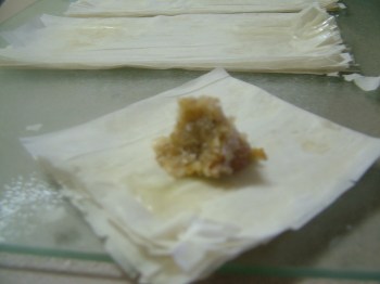 Phyllo Dough filled with Honey-Nut Mixture.