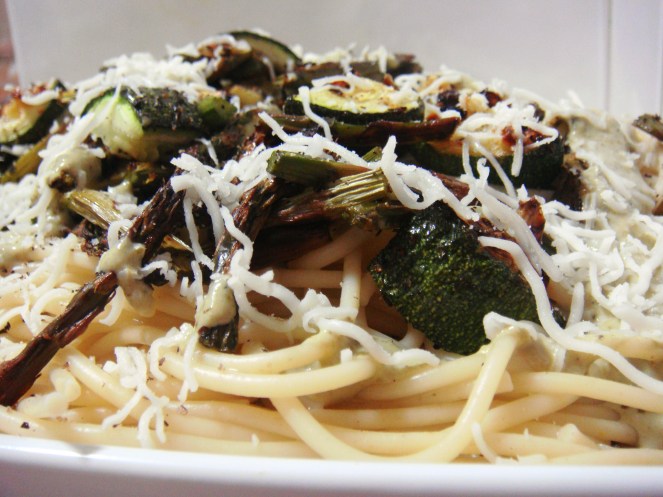 Spaghetti with Roasted asparagus & zucchini with basil pesto creamy sauce.